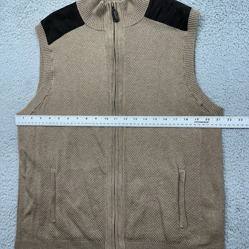 Roundtree & Yorke Mens Large Full Zip Sweater Vest Brown Knit Faux Leather Patch